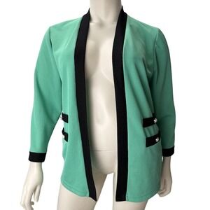TanJay Petite Teal Open Front Knit Blazer Cardigan Black Trim PM Vintagecore 90'